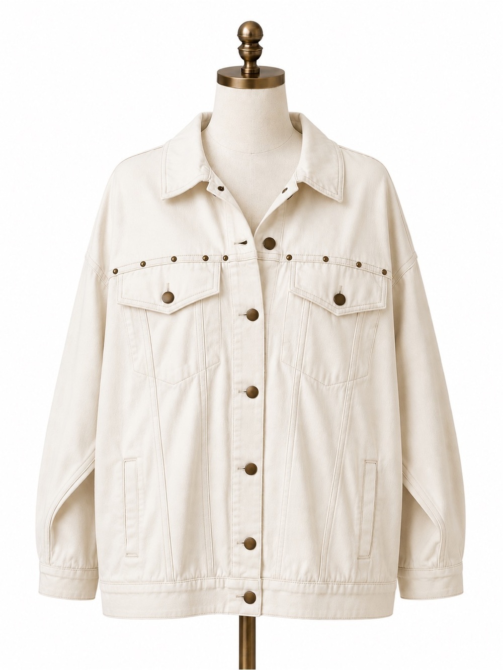 Cream Denim  Stud-Trim Jacket in Cream
